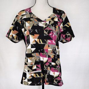 White Label Stretch Multicolored Geometric Print Scrub Top With Pockets